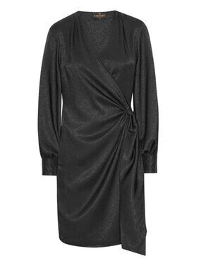 Karmamia Ines Wrap Dress Black Satin Long Sleeve Tie Waist Midi Size S